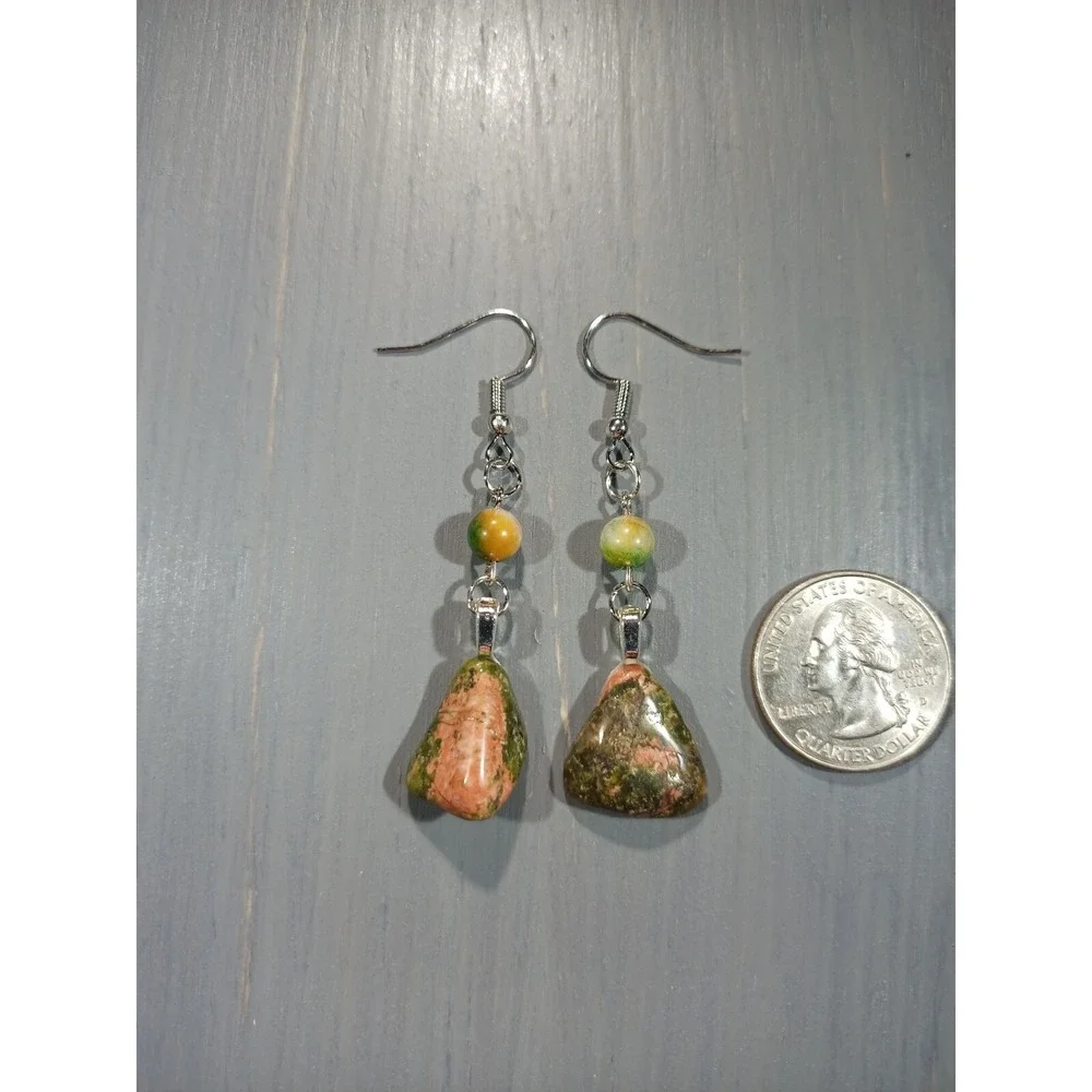 Unakite Tumbled Stone Dangle Earrings Nickel Free Pink Green Boho Handmade